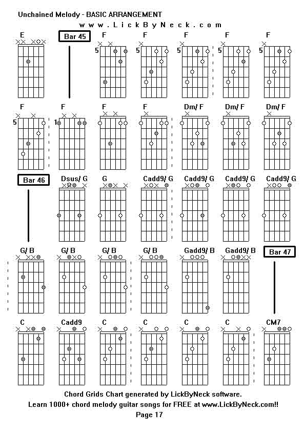 Chord Grids Chart of chord melody fingerstyle guitar song-Unchained Melody - BASIC ARRANGEMENT,generated by LickByNeck software.